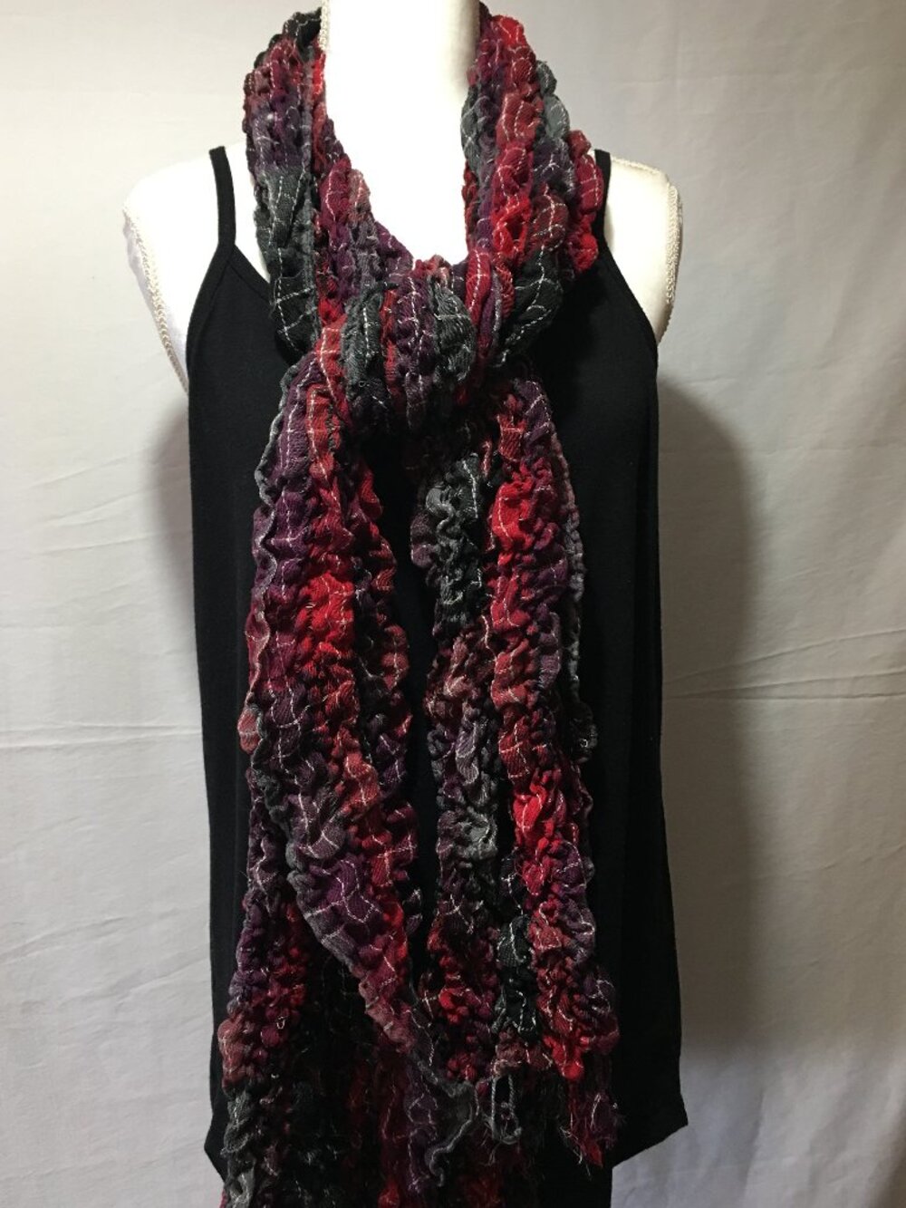 Women's Red Black Plaid Crinkle Ribbon Scarf Textured Metallic Shimmer